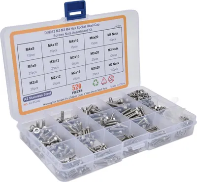 Produktbild von 520-teiliges Sortiment an Sechskantschrauben und -muttern aus Edelstahl 304, M2, M3, M4, inklusive Aufbewahrungsbox