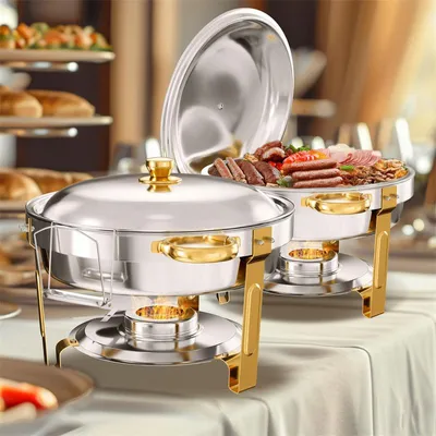 Produktbild von WARMOUNTS Chafing Dish Buffet Set 2er, 5 QT (ca. 4,7 L) Rund, Edelstahl Speisenwärmer mit Deckel & Deckelhalter, Buffet Warmhaltebehälter