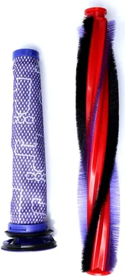 Two vacuum cleaner parts, a filter and a brush roll, are shown against a white background.