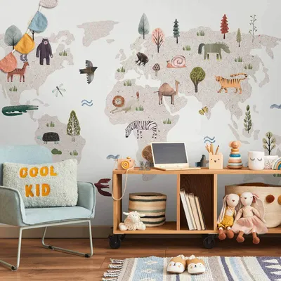 Produktbild von Vlies Fototapete - Beige World - Continents With Animals in Muted Colours 450x315 cm Für Kinder e-C-10078-a-a