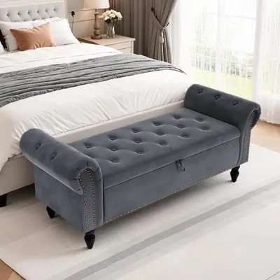 Immagine prodotto di Panca contenitore - Panca pouf in velluto - Struttura in metallo - Coperchio ribaltabile - Imbottita - 133×53×46 cm - Grigio scuro