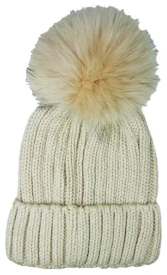 Produktbild von Damen Beanie Strickmütze mit Fellbommel - Beige