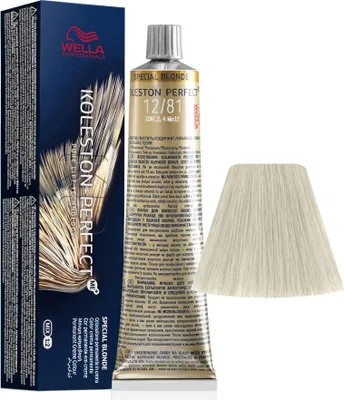 A box of Wella Koleston Perfect hair dye and a swatch of the resulting hair color.