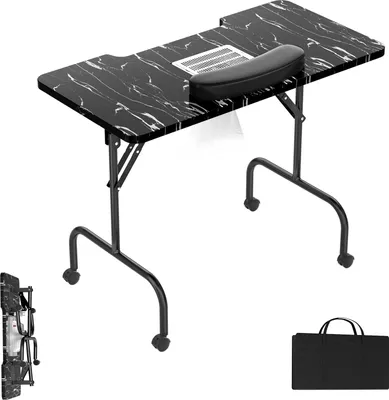 Image de ACXIN Table de manucure pliable avec aspiration Table à ongles portable Table de manucure portable avec roulettes Table de manucure mobile, grain noir