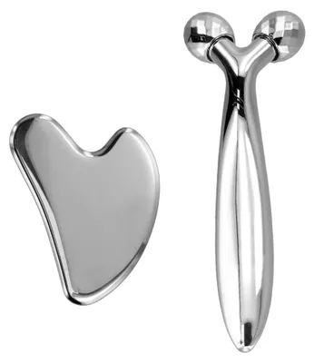 Produktbild von Gua Sha und Gesichtsroller aus Edelstahl, 2-in-1 Massage-Set für Gesicht und Körperpflege, 3D Gesichtsroller zur Faltenreduktion und Muskelentspannung