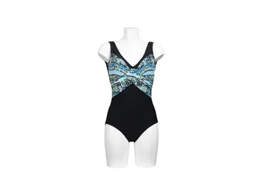 Produktbild von Pacific Fashion Badeanzug  Multicolor schwarz-türkis , platzierter Print am gerafften Dekolleté  30390, Größe 44 D