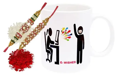 Rakhi-Geschenkset: Keramikbecher, 2 Rakhi & Roli Chawal