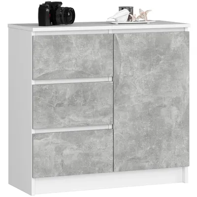 A white and concrete-effect dresser with three drawers and one door, shown from the front.