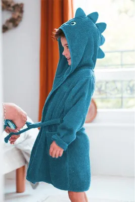 Produktbild von Teksmoda Kinderbademantel Dino-Design mit Kapuze Dunkelgrün 134