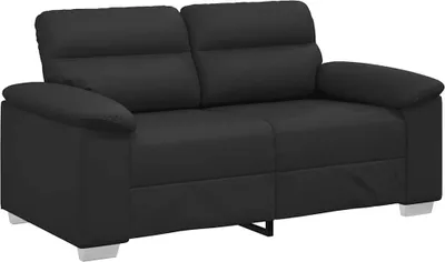 A black two-seater sofa shown from a front-diagonal angle against a white background.
