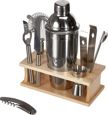 Produktbild von Famanu Cocktailshaker Set Edelstahl - mit Holzständer