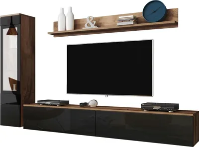 Produktbild von MIRJAN24 Wohnwand Vera I, Stilvoll Wohnzimmer-Set, TV-Schrank, Modern Mediawand (Wotan / Schwarz Hochglanz, ohne Beleuchtung)