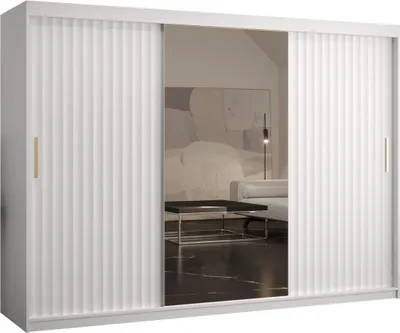 Produktbild von MIRJAN24 Kleiderschrank Riflo Wave 2 250, Schwebetürenschrank mit zwei Kleiderstangen, Garderobe mit Frontspiegel (Farbe: Weiß, Größe: 250 cm)