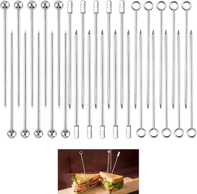 Productafbeelding van Tandenstokers van roestvrij staal - Set van 30 - Cocktailstokjes voor barbecuesnacks - Herbruikbare fruitstokjes - Metalen spiesen - Feest