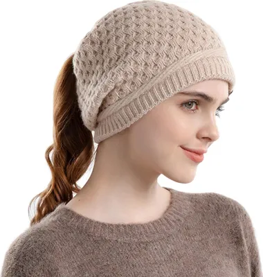 Produktbild von Damenmütze, dick gestrickt, mit Loch für Pferdeschwanz, einfarbig, hält warm, Beanie, elastisch, Ohrenschutz, für Outdoor, Camping, Reisen, Skating, Kopfbedeckung, Beige