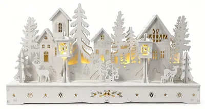 Produktbild von Weihnachtsdorf aus Holz mit LED-Beleuchtung, weiß, 30 cm, batteriebetrieben