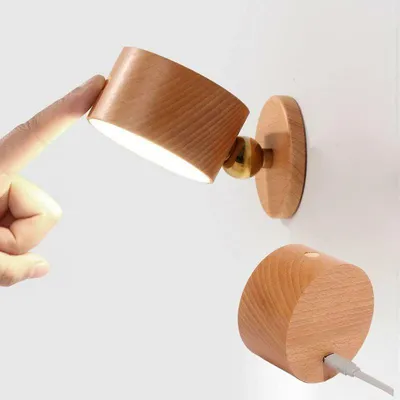 Produktbild von Akku-Wandleuchte aus Holz, LED-Wandleuchte für den Innenbereich mit Touch-Schalter, 1500-mAh-Akku, 360°-Drehung, über USB wiederaufladbar und dimmbar.