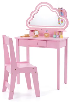 Produktbild von COSTWAY Schminktisch Kinder, Kinderschminktisch, Frisiertisch mit Stuhl, Spiegel, Schublade, Regalen & Haken, Kosmetiktisch für Mädchen ab 3+, Rosa