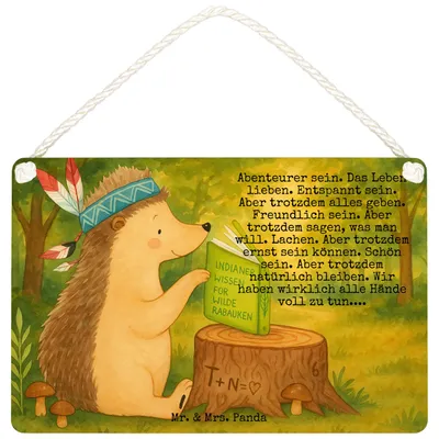 Produktbild von Mr. & Mrs. Panda Schild Igel Federschmuck Design DIN A5 - Weiß - Geschenk, Türschild, holzbild, Camping, Wandschild, Lagerfeuer, Indianer, Tiere, Abenteuer, Deko Wandbild
