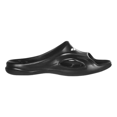 A single black slide sandal shown from a side view against a white background.