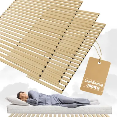 Immagine prodotto di Letto a molle rollabile 160x200 cm in legno di abete, con 23 listelli di legno, struttura pieghevole per materasso a due piazze, robusto, con capacità di carico fino a 300 kg, dotato di elastico
