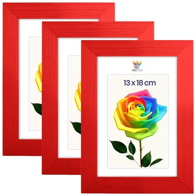 Obrázok produktu pre MG Design, sada 3 kusov rámov na fotografie, 13 x 18 cm – fotorámiky s červeným dreveným rámom a nárazuvzdorným akrylovým sklom, vhodné na zavesenie aj na postavenie (vertikálne aj horizontálne)