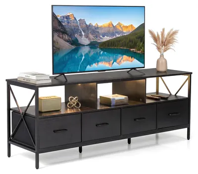 Produktbild von COSTWAY TV-Schrank mit LED, Lowboard für Fernseher bis zu 80Zoll, Fernsehtisch mit 3 offenen Fächern & 4 faltbare Stoffschubladen, 180x40x63cm Schwarz, KI-generiertes Bild