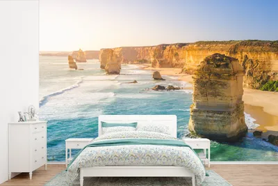 Produktbild von MuchoWow® Fototapete für Wohnzimmer oder Schlafzimmer Wandtapete Vinyl Motivtapete Blick aus der Vogelperspektive auf Kalksteinfelsen im Meer vor Australien - 390x260 cm - Papiertapete