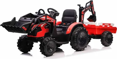 Produktbild von Elektrischer Traktor TOP-WORKER 12V mit Front-/Hecklader und Anhänger, Einsitzer, rot, 2,4-GHz-Fernbedienung, weicher PolyurethanSitz, MP3-Player mit USB-Eingang, Hinterradantrieb, 2 x 45W Motor, EVA-Räder, 12V / 10Ah Akku