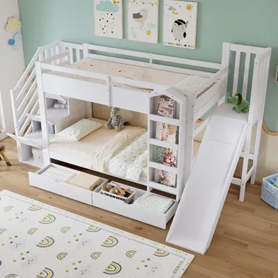 Zdjęcie produktu dla Łóżko piętrowe dla dzieci, 90x200 cm, białe, wykonane z drewna sosnowego, MDF i sklejki, z zjeżdżalnią, schowkiem na schody i szufladami
