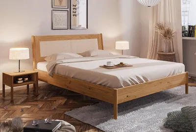 Produktbild von Bett PARIS Eiche massiv mit Rattan-Kopfteil 90x200