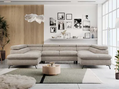Produktbild von Ecksofa, Universelles, Schlaffunktion, Bettkasten, U-förmig, einstellbare Kopfstützen, Bettsofa - PETER U - Struktur - Beige