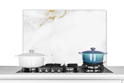 Produktbild von KitchenYeah®  Spritzschutz Küche - Küchenrückwand - Wandschutz für Herd und Spüle - Marmor - Gold - Weiß - Luxus 80x55 - Alu-Dibond (Alternative zum Spritzschutz aus Glas) - Hitzebeständig - Herdsprit