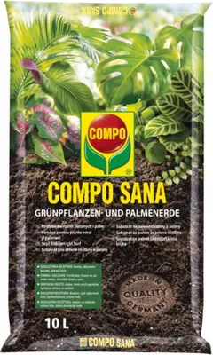 A bag of Compo Sana soil for green plants and palms.