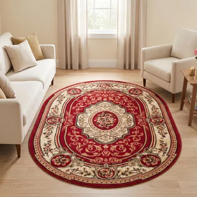 Image de Tapis Tapiso modèle ATLAS, forme ovale, motif floral classique, couleur rouge, pour salon, dimensions 200 x 300 cm