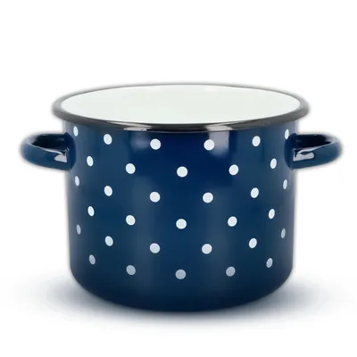 Zdjęcie produktu dla Emajlo Olkusz | Garnek emaliowany 4,5 l – 20 cm – granatowy w białe kropki – wysoki garnek z uchwytami – indukcja