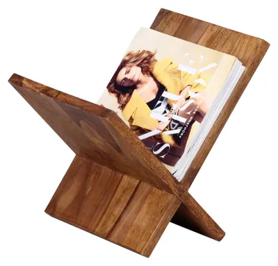 Obrázok produktu pre FineBuy stojan na noviny a časopisy, masívne drevo sheesham, tvar X, 31 cm, dizajnový stojan na časopisy, stojan na letáky, stojan na knihy v rustikálnom štýle