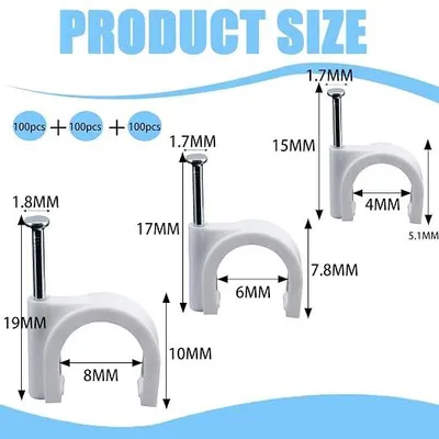 Produktbild von PolkaHome® 300 Stück Kabelclips 3 Größen – Weiße Nagelklemmen für Kabelorganisation, 4/6/8 mm