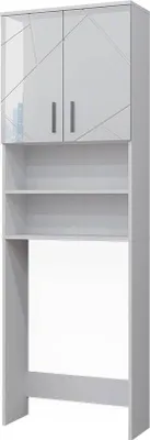 A white high-gloss washing machine cabinet with geometric patterns on the doors.