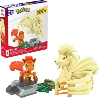 Produktbild von Mattel Pokémon Vulpix Evolution Set, Konstruktionsspielzeug zum Bauen, Spielen & Ausstellen, mit Vulpix & Ninetales Figuren, 145 Bausteine, beweglich, detailgetreu, Kunststoff, mehrfarbig, 22,9 x 22,6 x 4,4 cm, ab 7 Jahren
