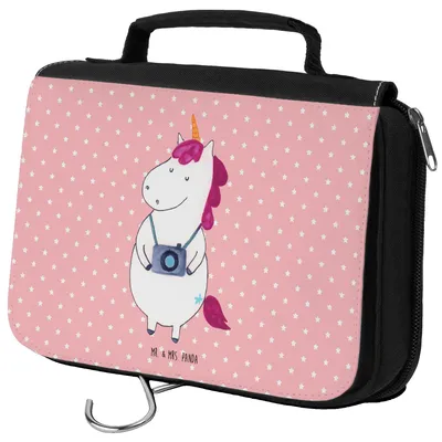 Produktbild von Mr. & Mrs. Panda badtasche Einhorn Fotograf - Rot Pastell - Geschenk, Kulturbeutel, Waschtasche, Unicorn, hygienebeutel, kosmetiktäschchen, Reisen, Weltenbummler, Urlaub