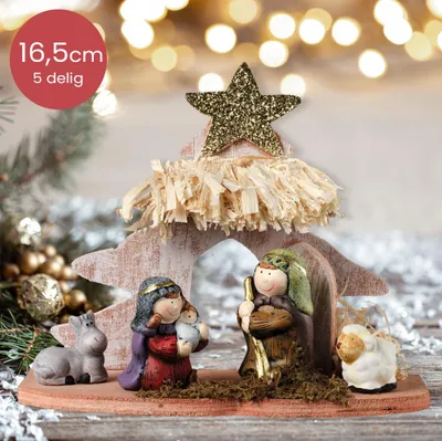 Produktbild von Moderne Holzkrippe mit Terrakotta-Figuren - 5 Stück - 16,5cm hoch