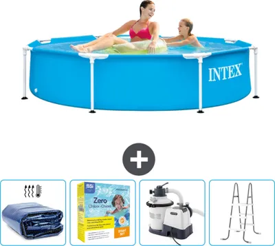 Produktbild von Intex-Schwimmbecken mit rundem Rahmen – 244 x 51 cm – Blau – im Lieferumfang enthalten Sonnensegel - Wartungspaket - Filterpumpe für Schwimmbad - Leiter