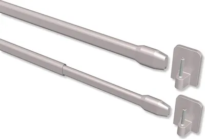 Two adjustable curtain rods with adhesive hooks against a white background.
