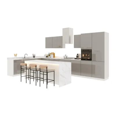 Produktbild von Inselküche-Küchenzeile 420x220 cm Glanzia – KU-S18 – Grau – Hochglanz Ohne Arbeitsplatte & Elektrogeräte Eckküche L-FORM Küchenzeile Küche L-Form Einbauküche Küchenblock
