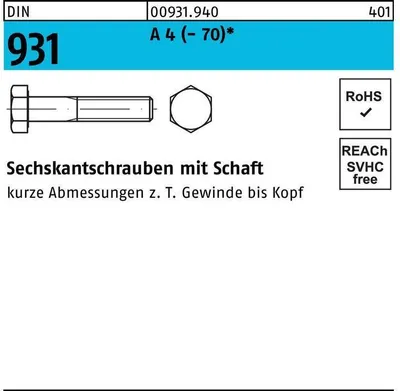 Zdjęcie produktu dla Śruba z łbem sześciokątnym DIN 931 z trzpieniem M 12 x 320 A 4 (- 70)