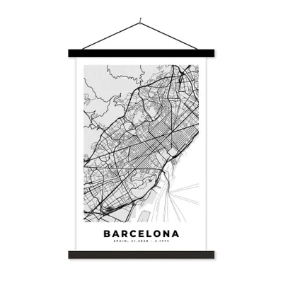 Produktbild von MuchoWow® Textilposter Barcelona - Stadtplan - Karte - Schwarz und weiß 40x60 cm mit schwarzem Rahmen - Wanddekorationen
