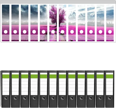 Produktbild von Wallario 12 Stück breite Ordner inkl. Klebeetiketten mit Motive Surreales Blumenfeld  lila Blumen auf dem Feld -  Set mit Rückenschildern / Ordnerrücken Stickern
