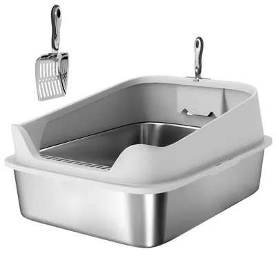 Produktbild von Katzentoilette Edelstahl Offene Katzenklo mit Schaufel hohem Rand für große Katzen bis 12 kg 69,8 x 50,3 x 29,8 cm Grau