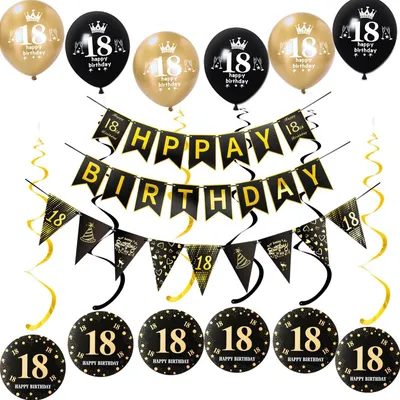 Produktbild von Geburtstagsslinger schwarz-gold, 18. Geburtstag, mit Banner, Dreiecksfahnen und Ballons, Partydeko